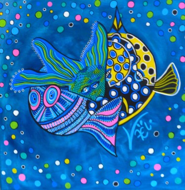 「Bubble fish」というタイトルの絵画 Kaëlによって, オリジナルのアートワーク, アクリル ウッドストレッチャーフレームにマウント