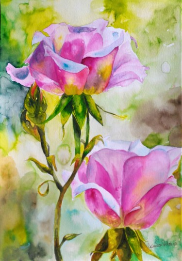 Painting titled "Rosas Aquarela" by Cássia Ribeiro, Original Artwork, Acrylic