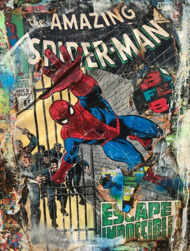 Collages getiteld "Spiderman Retro" door Adriano Cuencas, Origineel Kunstwerk, Acryl