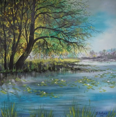 "AUTUMN RIVER" Painting titled ""AUTUMN RIVER"" by Sergeys Balura, Original Artwork, Oil Mounted on Wood Stretcher frame