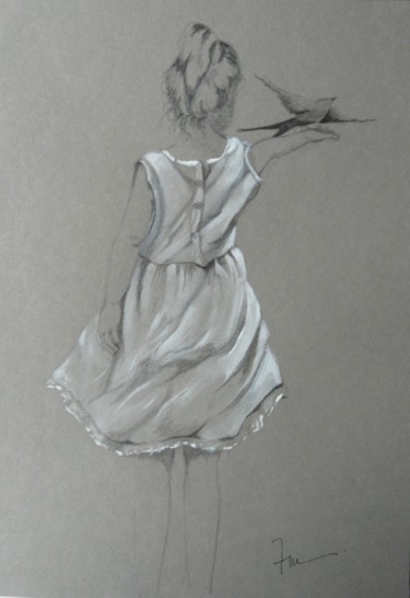 Dibujo titulada "Petite hirondelle" por Ann Masseaut-Franchet, Obra de arte original, Grafito