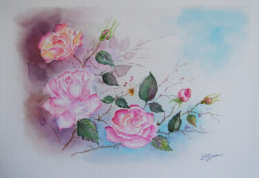 roses d'un jour - aquarelle signée 제목이 "roses d'un jour -…"인 미술작품 Patricia Giroldini Hyvernat로, 원작, 수채화