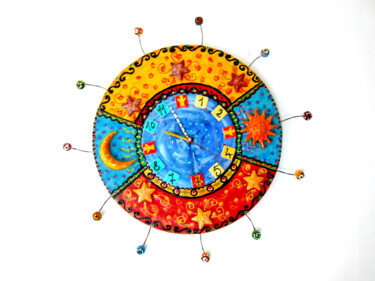 Horloge "le soleil court après la lune" Design intitulée "Horloge "le soleil…" par Odile Maffone Mosaïque Joyeuse, Œuvre d'art originale, Mosaïque Monté sur Panneau…