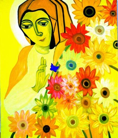 Painting titled "Virgen with Blue Bu…" by Georg Kiehn, Original Artwork