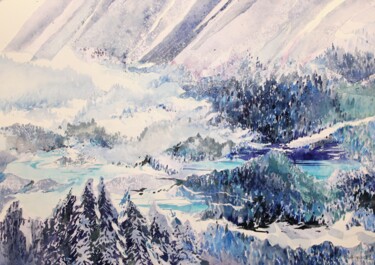 Peinture intitulée "Epicéas bleus" par Raymond Guibert, Œuvre d'art originale, Aquarelle