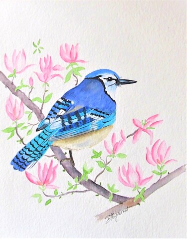 Geai bleu -aquarelle originale signée Painting titled "Geai bleu -aquarel…" by Patricia Giroldini Hyvernat, Original Artwork, Watercolor