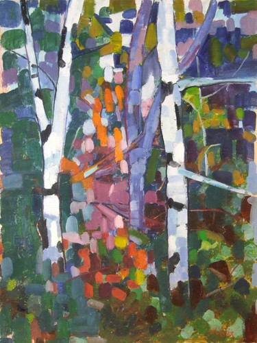 제목이 "Bouleau en foret"인 미술작품 Patrick Marie로, 원작, 기름 나무 들것 프레임에 장착됨