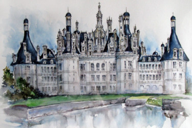 Château de Chambord Painting titled "Château de Chambord" by Zsolt Székelyhidi, Original Artwork, Watercolor Mounted on Cardboard