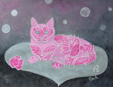 Peinture intitulée "Chat-aux-roses" par Corinne Brossier (Atelier de l'imaginaire), Œuvre d'art originale, Acrylique