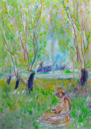Peinture intitulée "Lecture au bord de…" par Jean Mirre, Œuvre d'art originale, Huile