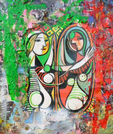 Collages getiteld "Woman Before Mirror…" door Adriano Cuencas, Origineel Kunstwerk, Acryl