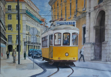 Tramway à Lisbonne.jpg Painting titled "Tramway à Lisbonne.…" by Martine Boguet, Original Artwork, Watercolor Mounted on Wood Stretcher frame