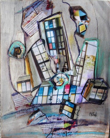 Collages titled "Fenêtres sur fond g…" by Monique Chef, Original Artwork, Collages