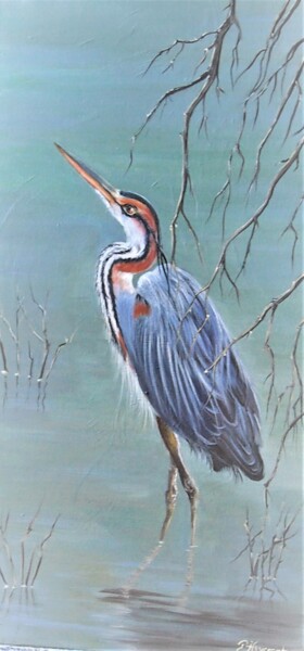 Héron pourpré - acrylique sur toile originale signée Painting titled "Héron pourpré - ac…" by Patricia Giroldini Hyvernat, Original Artwork, Acrylic Mounted on Wood Stretcher f…