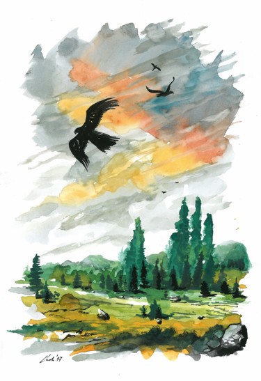 Schilderij getiteld "Among the predators" door Ludo Sevcik, Origineel Kunstwerk, Aquarel