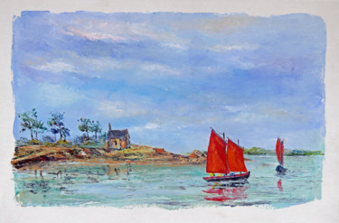 Deux sinagots saluent la chapelle de Boëdic Peinture intitulée "Deux sinagots salue…" par Michel Hamelin, Œuvre d'art originale, Huile Monté sur Châssis en bois