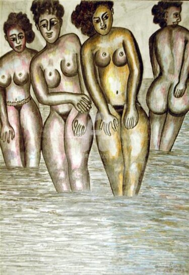 Dessin intitulée "Femmes au bain" par Armand Pascal Aniambossou, Œuvre d'art originale