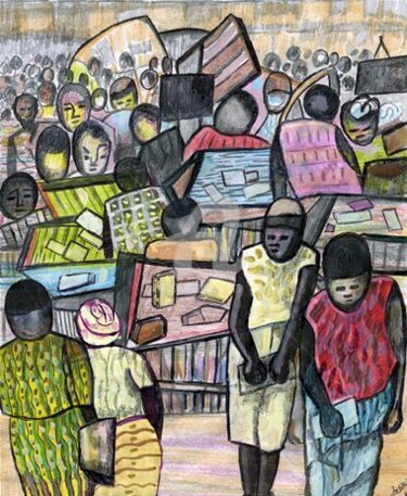 Dessin intitulée "Bibliothèque au vil…" par Armand Pascal Aniambossou, Œuvre d'art originale