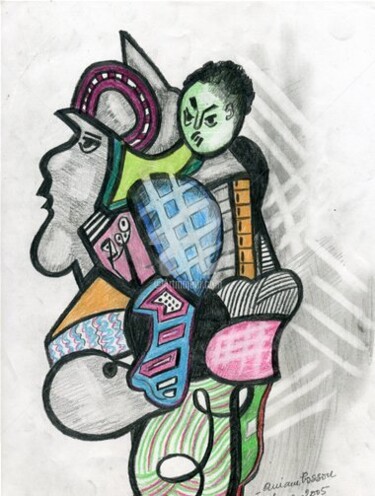 Dessin intitulée "Sur le dos du père" par Armand Pascal Aniambossou, Œuvre d'art originale