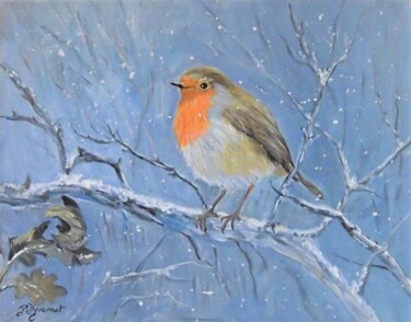 rouge gorge - acrylique sur toile originale signée Painting titled "rouge gorge - acr…" by Patricia Giroldini Hyvernat, Original Artwork, Acrylic Mounted on Wood Stretcher f…
