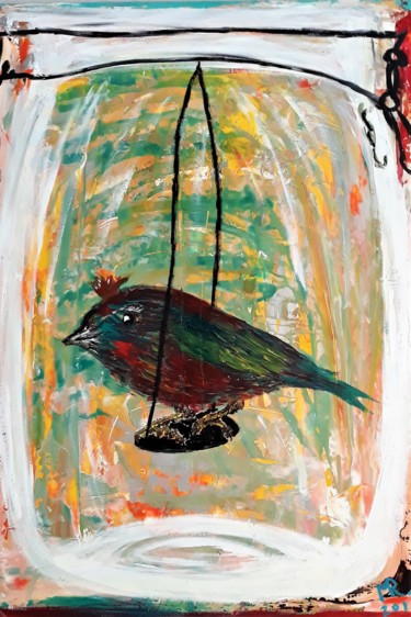 Malerei mit dem Titel "Der Vogel im Glas." von Marie Ruda, Original-Kunstwerk, Acryl