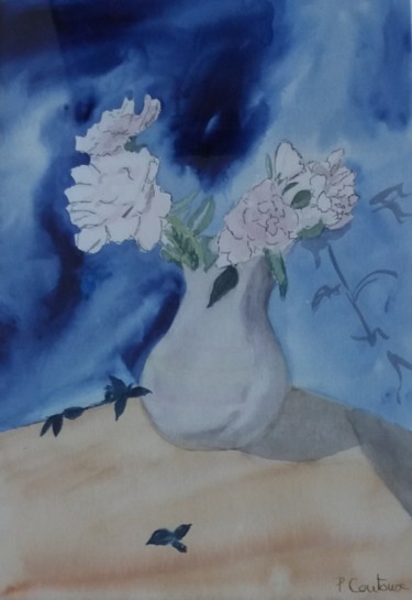 Fleurs blanches sur fond bleu