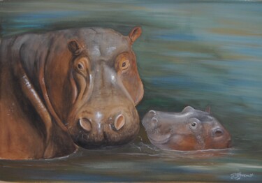 Pelagie et son petit-hippopotames -peinture originale signée Peinture intitulée "Pelagie et son peti…" par Patricia Giroldini Hyvernat, Œuvre d'art originale, Aquarelle