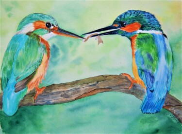 Couple de martins pêcheurs - aquarelle originale signée Painting titled "Couple de martins p…" by Patricia Giroldini Hyvernat, Original Artwork, Watercolor