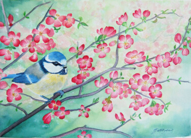 mésange bleue -aquarelle originale signée Peinture intitulée "mésange bleue -aqua…" par Patricia Giroldini Hyvernat, Œuvre d'art originale, Aquarelle