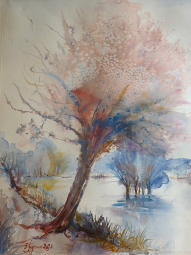 Peinture intitulée "Arbre-sous-le-givre…" par Pierre Feyeux, Œuvre d'art originale, Aquarelle