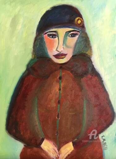 "Catherine dans son beau manteau" Peinture intitulée ""Catherine dans son…" par Claire Marie Gay, Œuvre d'art originale, Huile Monté sur Panneau de bois