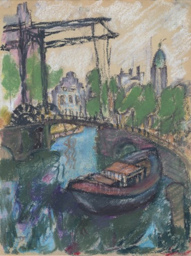 Desenho intitulada "P24 Péniche (Amster…" por Amos Zelikson, Obras de arte originais, Pastel