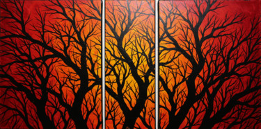 Triptyque silhouettes branchages Malerei mit dem Titel "Triptyque silhouett…" von Jonathan Pradillon, Original-Kunstwerk, Acryl Auf Keilrahmen aus Holz monti…