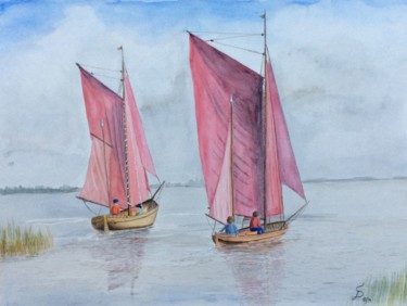 Malerei mit dem Titel "Zeesboote am Achter…" von Stefan Dhein, Original-Kunstwerk, Aquarell