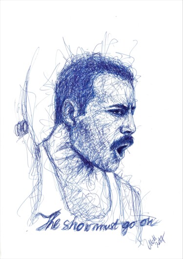Freddie Mercury - original blue line drawing 绘画 标题为“Freddie Mercury - o…” 由Mateja Marinko, 原创艺术品, 墨