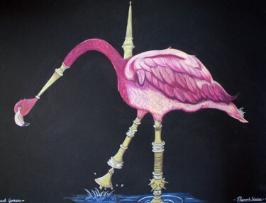 Dessin intitulée "Flamant cornemuse" par Portraits De L'Âme, Œuvre d'art originale, Crayon Monté sur Panneau de bois