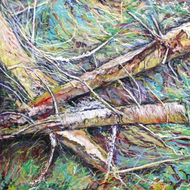 Painting titled "La souche" by Claude Evrard, Original Artwork, Oil Mounted on Wood Stretcher frame