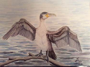 Malerei mit dem Titel "le cormoran / Kormo…" von Stefan Dhein, Original-Kunstwerk, Aquarell