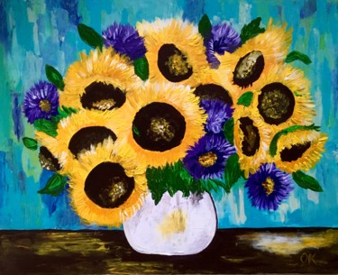 Bouquet of sunflowers flowers Pittura intitolato "Bouquet of sunflowe…" da Olga Koval, Opera d'arte originale, Acrilico Montato su Telaio per barella in l…