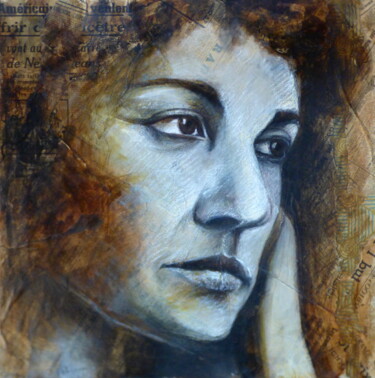 Effie Collages titled "Effie" by Bernard Des Roseaux, Original Artwork, Ink Mounted on Wood Stretcher frame