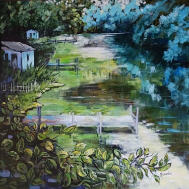 pontons sur la Sèvre Niortaise Peinture intitulée "pontons sur la Sèvr…" par Cathy Monnier, Œuvre d'art originale, Acrylique Monté sur Châssis en bois