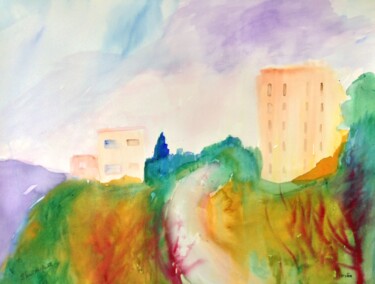 Painting titled "Cityscape in Safed 3" by Janna Shulrufer, Original Artwork, Watercolor