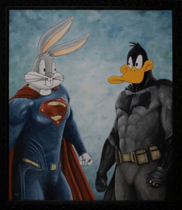 绘画 标题为“Batduck v Superbunny” 由Marco Santos, 原创艺术品, 油 安装在木质担架架上