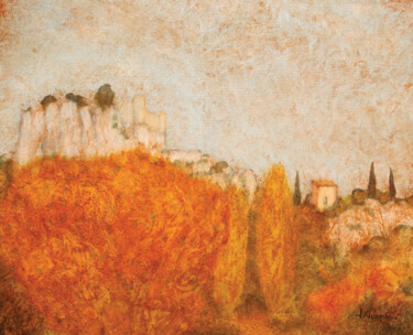 Château et cabanon à Fontaine de Vaucluse. Peinture intitulée "Château et cabanon…" par Jean Xavier Combe, Œuvre d'art originale, Huile Monté sur Châssis en bois