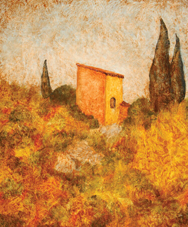 Painting titled "Cabanon à Fontaine…" by Jean Xavier Combe, Original Artwork, Oil Mounted on Wood Stretcher frame