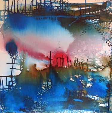 Impression bleue - encres acryliques - 50 x 50 cm Peinture intitulée "Impression bleue -…" par Clau Redier-Clément, Œuvre d'art originale, Acrylique Monté sur Châssis en bois