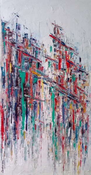 Place du Marché | Façades Colorées Schilderij getiteld "Place du Marché | F…" door Cardoso Manu, Origineel Kunstwerk, Olie Gemonteerd op Karton