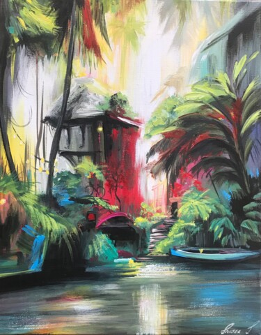 Shanty village by the lake 绘画 标题为“Shanty village by t…” 由Inessa Ivascanin, 原创艺术品, 丙烯 安装在木质担架架上