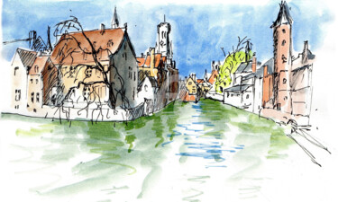 Peinture intitulée "croquis Bruges 2" par Anne-Marie Mary, Œuvre d'art originale