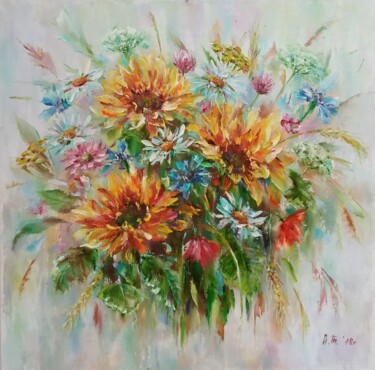 Pittura intitolato "Bouquet with sunflo…" da Alla Tatarinova, Opera d'arte originale, Olio